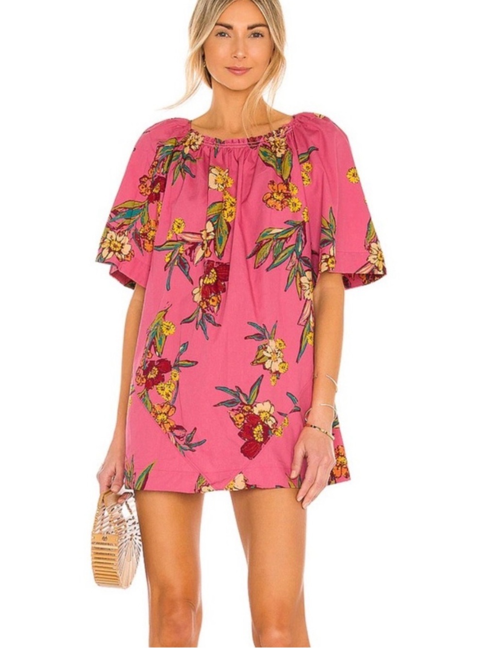 Free People Pink Floral Peasant Mini Dress